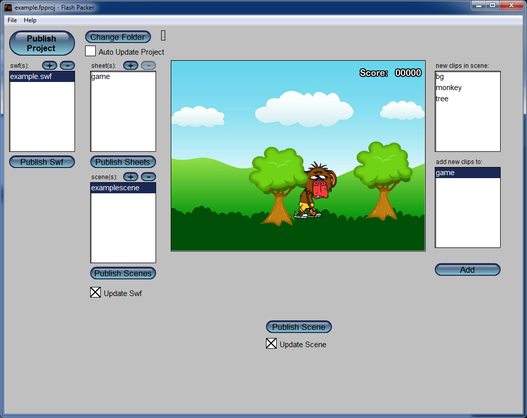 A scene called <i>examplescene</i> from the swf file being added to Flash Packer. Any clips in the scene can also automatically be converted to sprite sheets (or texture atlases).