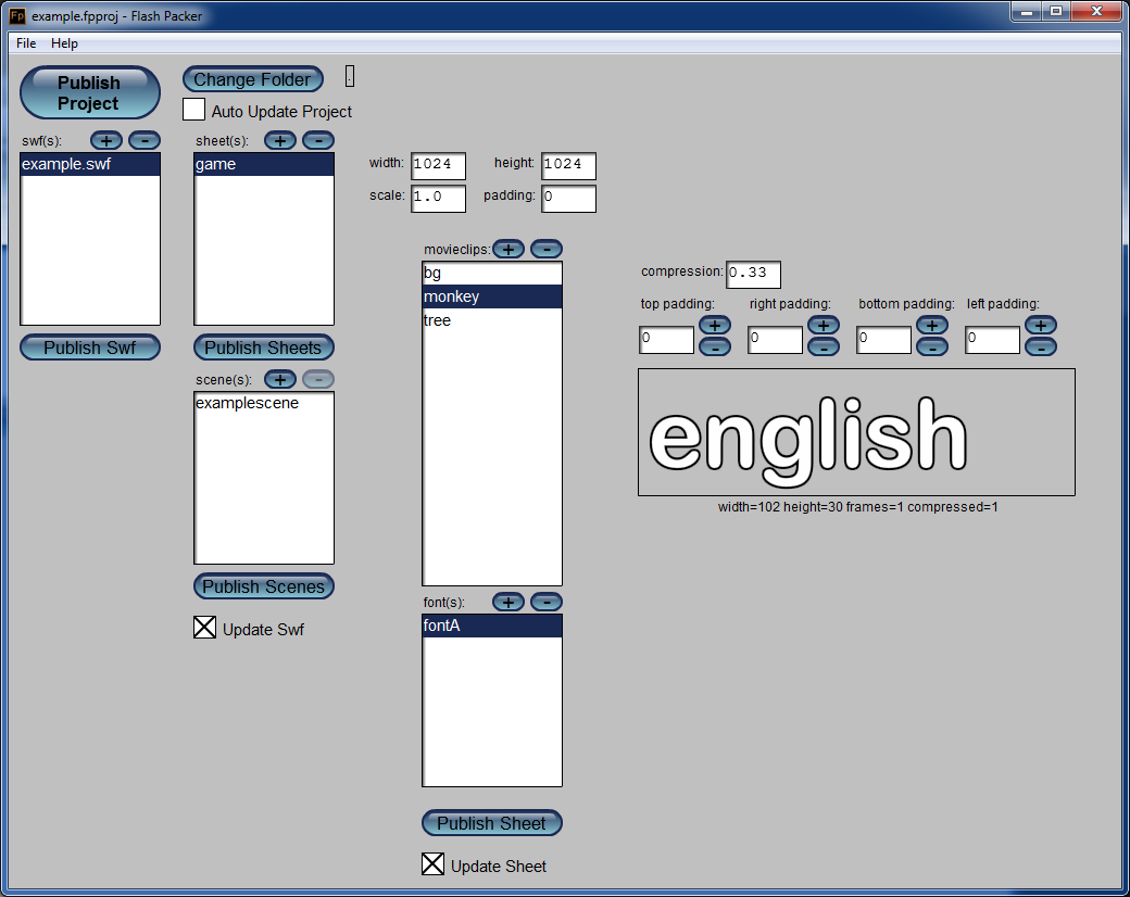 Flash Packer also adds fonts to sprite sheets and scenes. To add a font, in the Flash IDE, place a dynamic textfield in a movieclip. If the textfield has the word <i>english</i> in it, all english characters will be added. The word <i>all</i> can be used for more characters. Otherwise, only the charcters in the textfield will be included in the spritesheet.