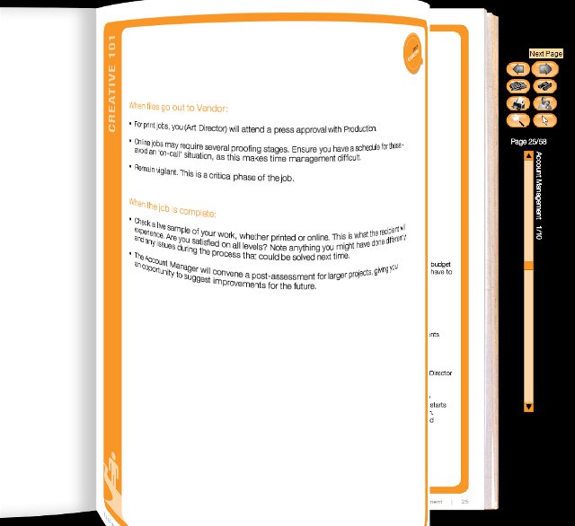 Turning a page. The book engine dynamically converts 2D text and images to a bendable 3D page. Controls on the right side include next/previous page, table of contents, print, staff and a magnifying glass.