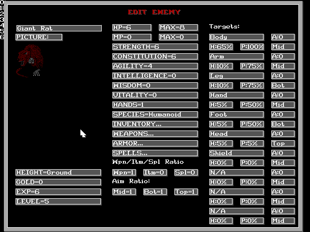 Editing an enemy in the Enemy Editor, which is another component of the Map Editor. Everything from hitpoints, gold, agility, strength or magic spells for the enemy can be edited here. Items defined in the Item Editor can be added as a weapon, spell or armour for an enemy.