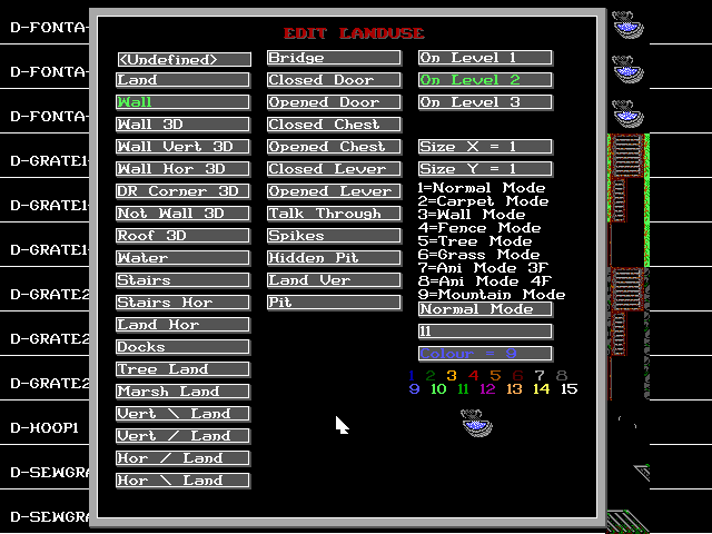 Editing the land use for one tile in the Map Editor. The first two columns are a list of different uses that could be assigned to a tile - whether it be a wall, floor, water, trap, stairs or an object that reacted to your character such as a chest or a door. The right column defines which layer a tile should appear on (Stone Bringer supports up to 3 layers of graphics on each map), how large a tile is, how to animate it and what colour it should be in the zoomed out map. For tiles that are part of a larger set of tiles, you can define a 