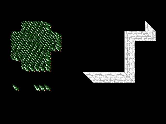 Drawing tiles that are part of a set in the Map Editor. By defining the properties for each tile in the landuse editor, the Map Editor automatically figures out which layer to draw a tile on, and which tile to use for top, bottom or corner of an object. The trees in this map were drawn by selecting a tree only once, and clicking all over the map with the mouse. The Map Editor knows which tile to draw based on the land use, so the game designer doesn't waste time selecting each tile individually. The walls were also drawn by selecting a tile only once, and letting the Map Editor figure out where corners or straight pieces should be drawn as the user clicks on each square.