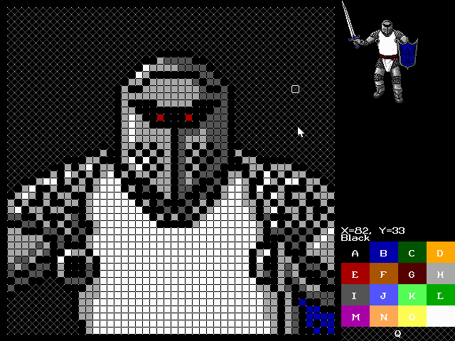 Editing an enemy in Master GFX 16. The left side is where you can zoom in and draw graphics, the right hand side shows what your work looks like in its original size. You can pick from 16 colours along with which parts of the image where transparent (indicated by grey diagonal lines).