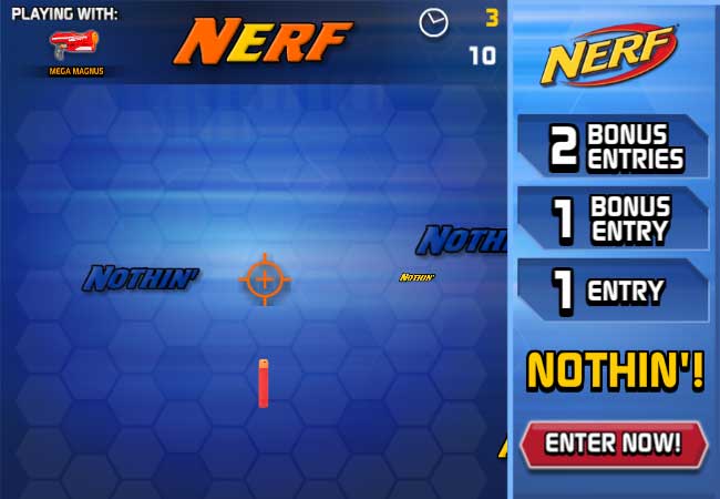 The goal of the game is to hit the words and collect letters until you spell NERF.