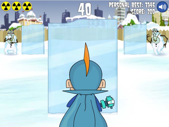 Johnny Test hiding behind an ice wall to evade snowballs from the killer snowmen.