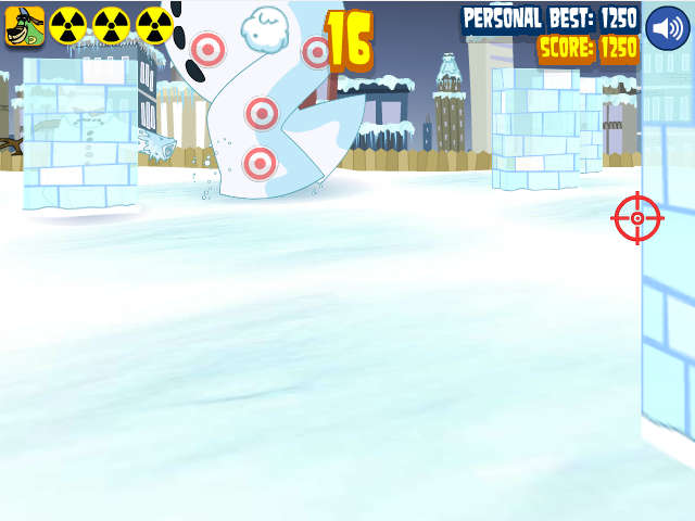 New boss level in the Snowmen Strike Back - the player must hit every red target while the giant snowman kicks snowballs at you.