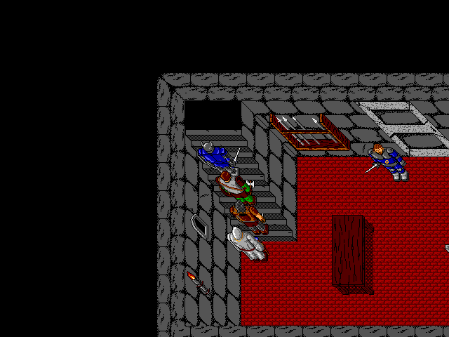 Characters move diagonally while walking up the stairs inside a castle.