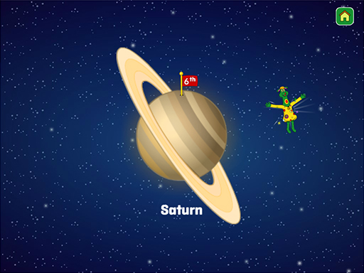After clicking on Saturn, the 6th planet from the sun, polkaroo flies in a circle while a poem about Saturn is played.