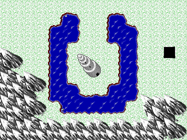 Editing the main map in the Map Editor. Placing tiles in the map consists of using the mouse to move the cursor (a flashing square) and clicking on where to place it.