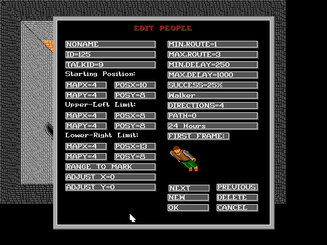 Editing a character in the Map Editor. Most of the options in the Edit People menu are for defining how the characters walks (i.e. how fast/far they walk or if they stand still). You can also assign a name to the character and define whether they only appear in the day, at night or both. What a character says is defined by the number in the 