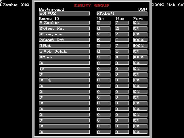 After creating individual enemies in the Enemy Editor you can also define how often they appear in the game, what groups they like to appear in, how many types of each enemy usually appear, as well as which background graphics and music to use for each battle.