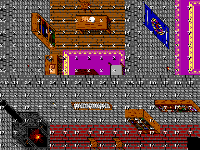Viewing the Roof Codes for a map in the Map Editor. Roof Codes were a system of numbers I developed which defined which part of a map is visible while walking around. The way the system works is your character will only be able to see tiles which have a Roof Code that is divisable by the Roof Code of the tile they are currently walking on. For example, if you are walking under Roof Code 2, you will only be able to see the tiles that have Roof Codes 2, 26, 14, 34 or any other even number, but not odd numbers such as 7, 17 or 119. This makes it possible to walk into each room and only see the insides of the current room even though both rooms share the same walls.