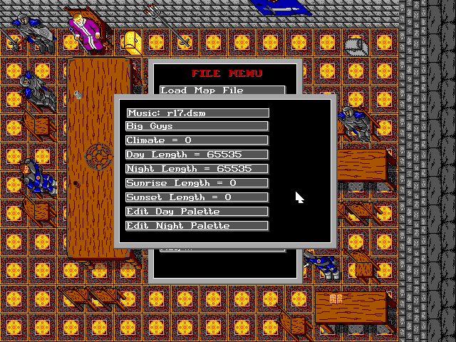 Configuring a map in the Map Editor. Here you could configure properties such as the music, climate, day/night/sunrise/sunset length of a map. You can even edit the colour palette for a map (useful for making certain maps such as dungeons even darker than the normal palette).