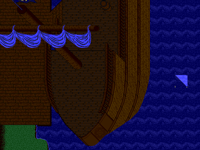 The same ship as the previous screen shot, except viewed in the night mode. The Map Editor allowed defining how long a day or night should be for each map, and toggling between both modes to see what a map looked like at night. A cave could be defined as always being dark, while an indoor room could be defined as always being bright. Time could go by faster while travelling from town to town, while days would go by slowly while walking within a town.