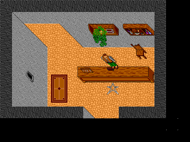 Adding a character in a room created in the Map Editor. For editing purposes the character's feet appear incorrectly over the table in the Map Editor, however the actual game will properly place characters behind 3D objects by using the information entered in the land use editor. The white star is the default location to load your character when entering a map.