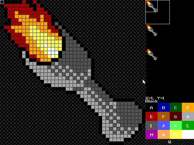 Drawing animation in Master GFX 16. You can pick which frame you want to edit by selecting it from the right hand side.