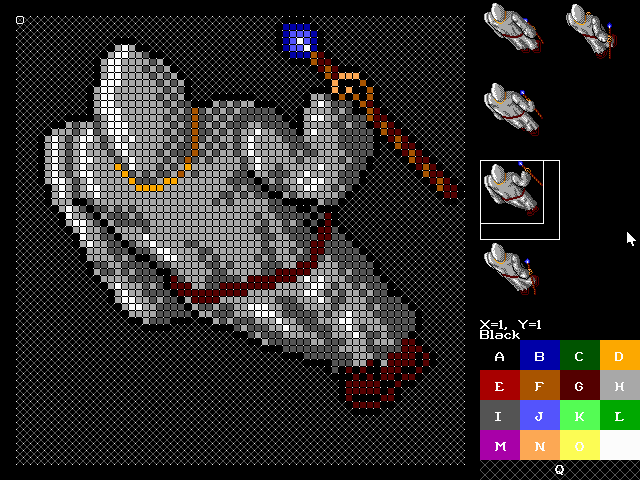 Editing a game character in Master GFX 16. Creating a character is the most time consuming animation to draw – each character requires animation in all 4 directions, with 5 animation frames for each direction. The best way to draw a character is to first draw an outline using polygons as a guide, and then colouring over it later on. Walking up and left uses the same graphics since you only see the back of the character, whereas walking down and right share the front view of the character. You can rotate the images of a character walking up counter clockwise to get all of the images for walking left.