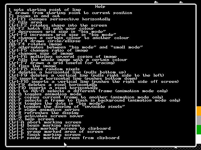 Pressing Alt-Z brings up the help screen, which shows all of the keyboard shortcuts and features for the graphics edit mode in Master GFX 16.