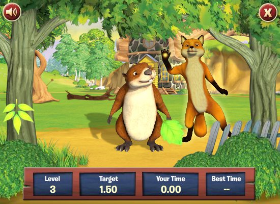 Playing the game using bear. Distractions include falling leaves and branches as well as characters that pop out of trees.