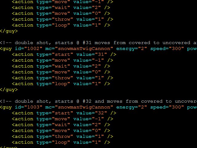 The game characters, graphics, sounds, levels and difficultly can be fully configured in an XML file. For example the speed, energy, aggressiveness, accuracy and ammunition for each enemy can be changed by simply editing a line.