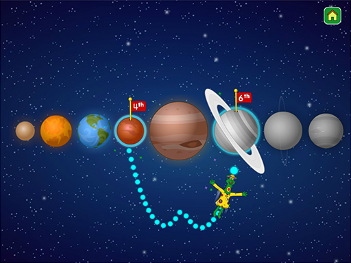 Polkaroo flying along the path after the user reaches Saturn.