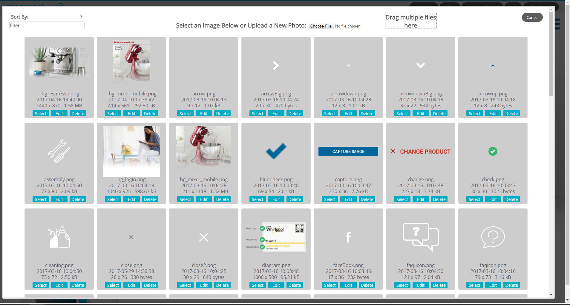 The image picker allows you to upload multiple files or selected an already existing image.