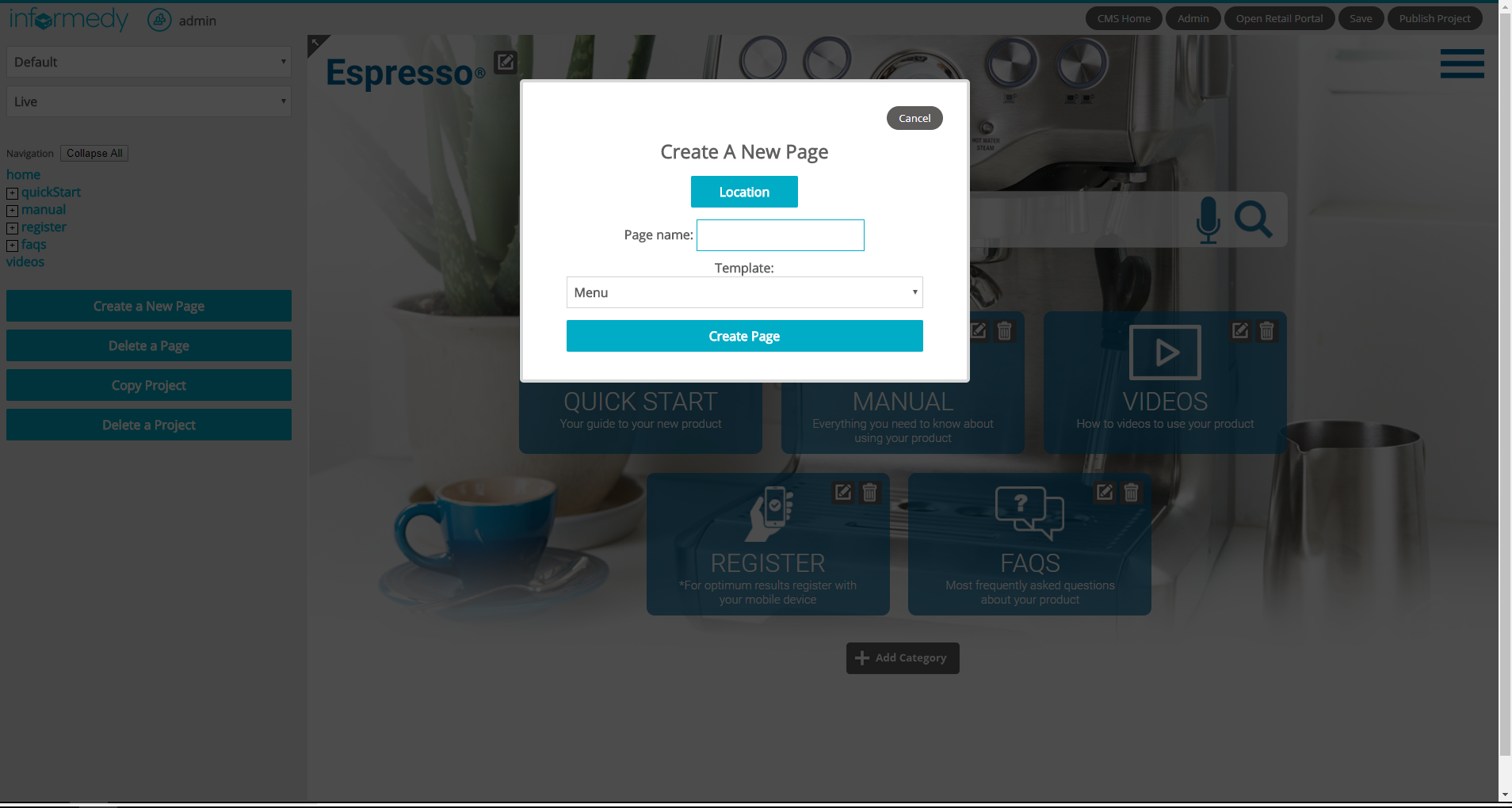 The CMS allows you to create new pages on the fly, using a variety of different templates.